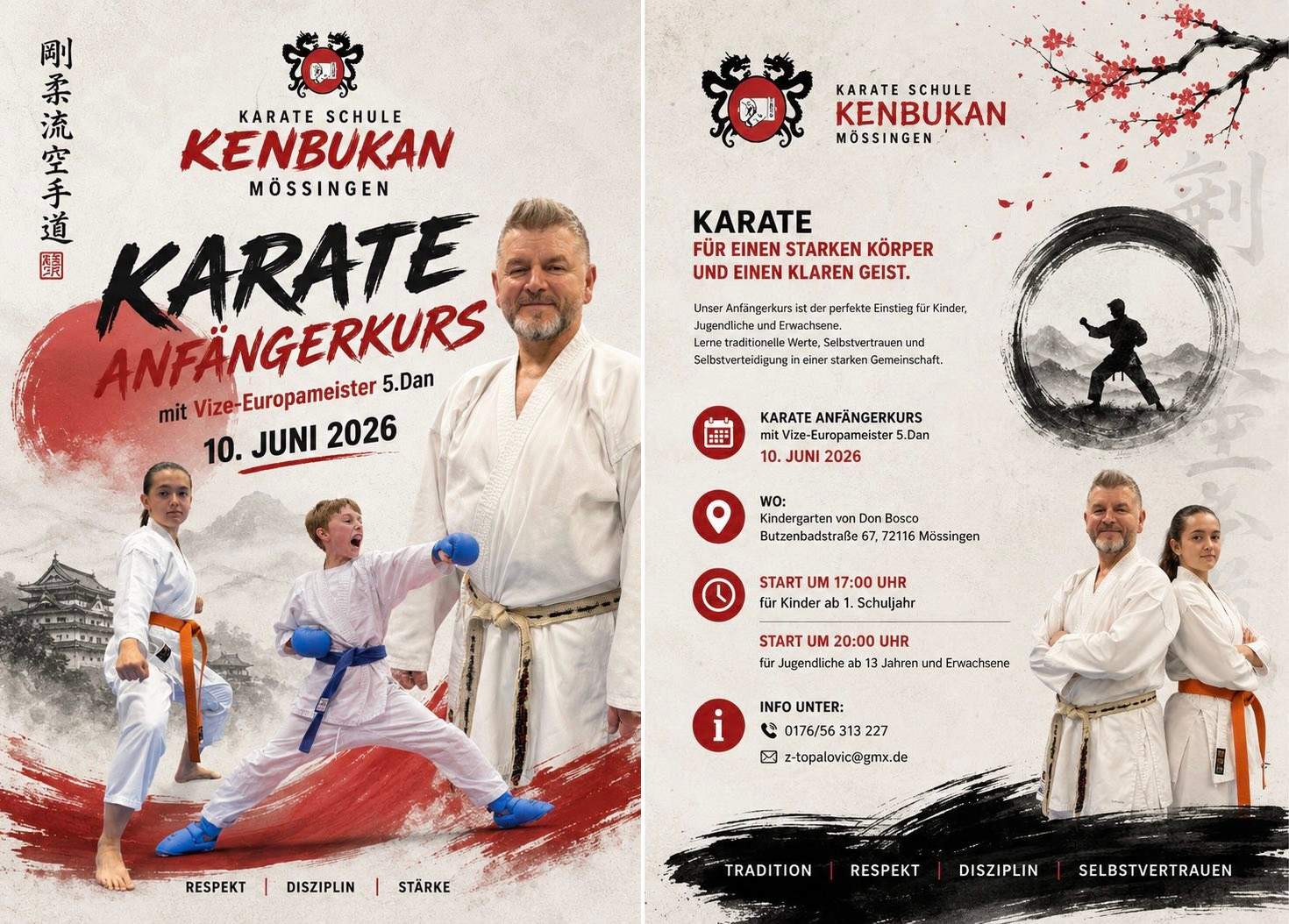 Werbeplakat des Karatezentrum Kenbukan Mössingen für einen Karate-Anfängerkurs am 10. Juni 2026. Zu sehen sind Trainer Zeljko Topalovic (5. Dan) sowie zwei junge Karateka in Karateanzügen. Das Plakat informiert über Trainingszeiten für Kinder sowie Jugendliche und Erwachsene, den Veranstaltungsort in Mössingen und die Kontaktmöglichkeiten. Gestaltet im japanischen Stil mit roten und schwarzen Tuscheelementen und traditionellen Motiven.